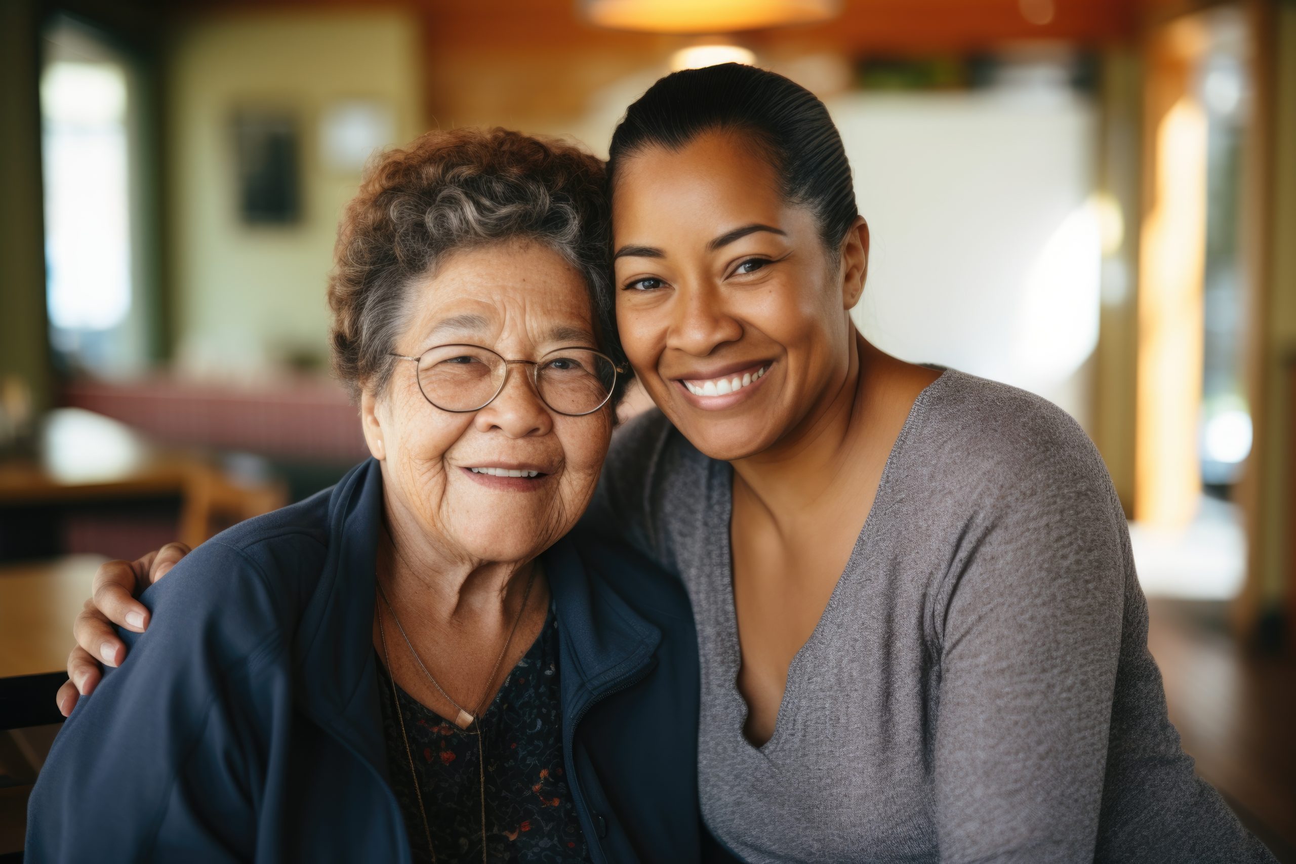 Portrait of a senior woman with a caregiver in nursing home